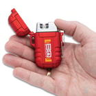 Full image of the red Arc Lighter held in hand.